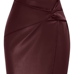 Kate Kasin Pencil Skirt Elastic High Waist Wrap Front PU Leather merlot large